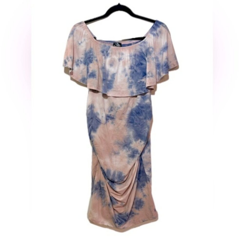 Bump Girls Maternity Womens sleeveless blue/pink Tie Dye bodycon dress, Size L